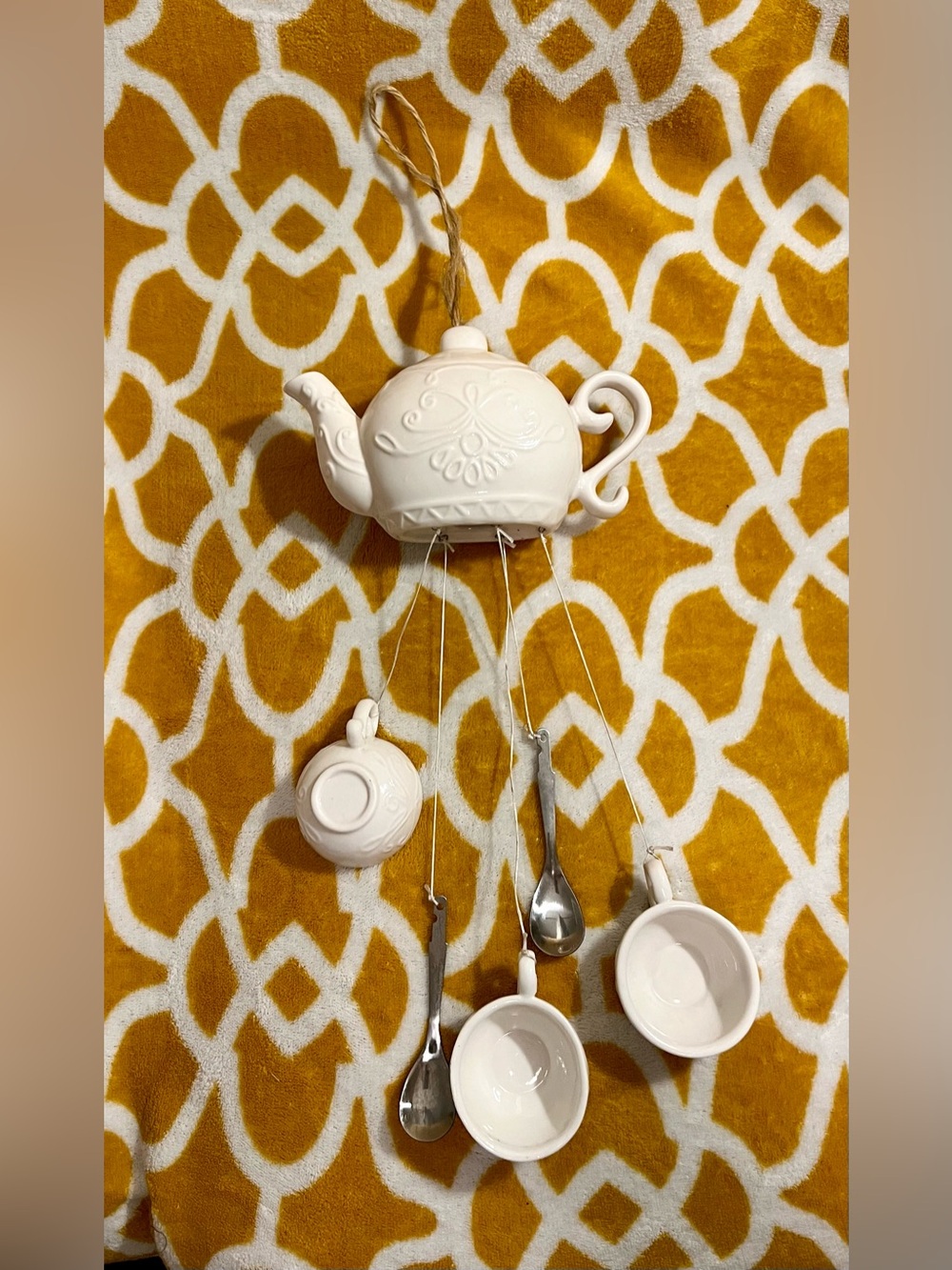 White Ceramic Teapot Wind Chime with Cups and Spoons